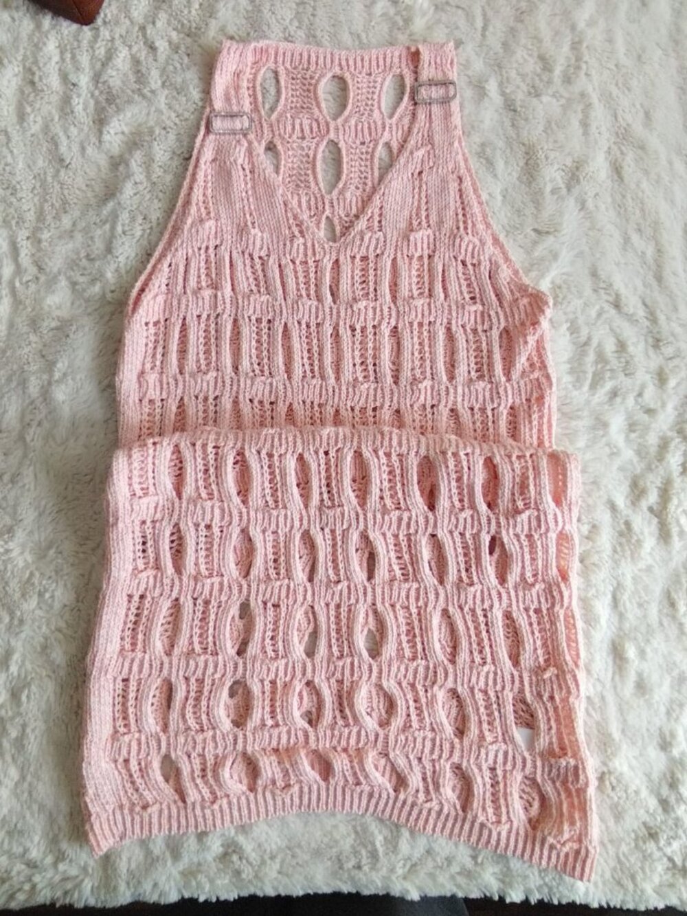 Pink Open Knit Halter Midi Dress Beach Cover Up Rhinestone Size 36 / S